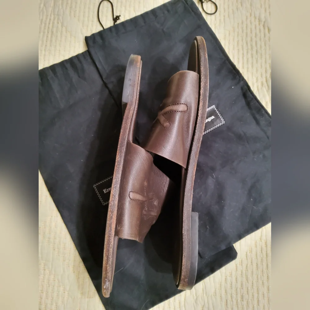 Ermenegildo Zegna Brown Leather Slides Size 10 with Dust Bags